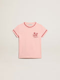 Pink T-shirt with red trim and embroidered flower on the heart| Golden Goose