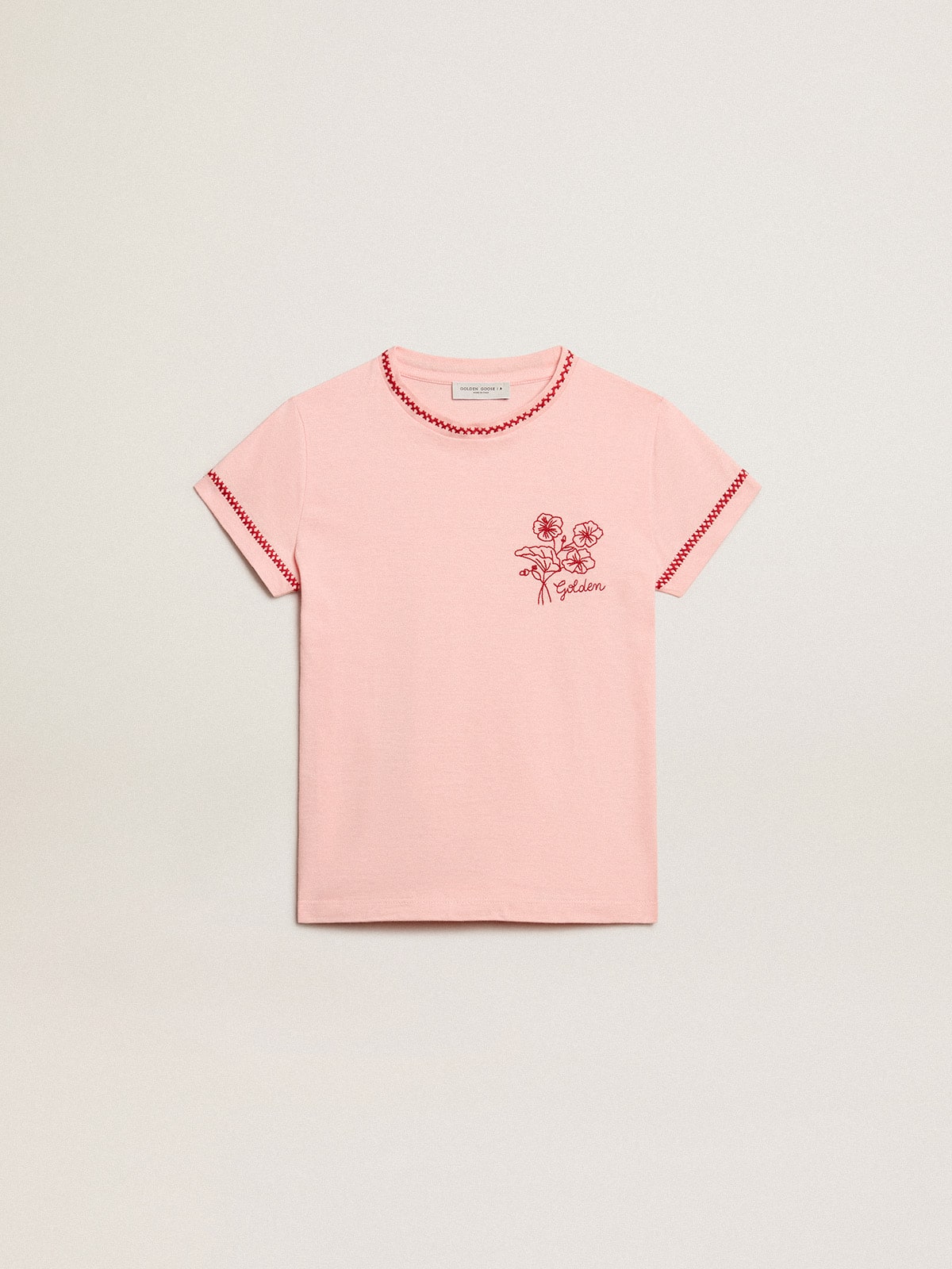 Pink T-shirt with red trim and embroidered flower on the heart| Golden Goose