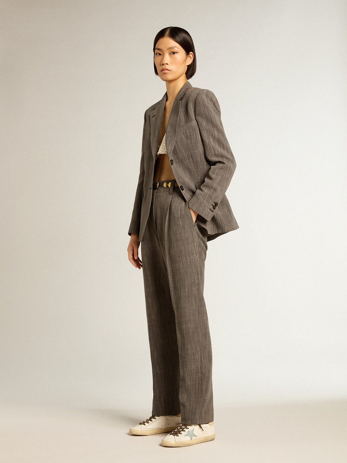 Super-Star with gray glitter star and nude leather heel tab| Golden Goose