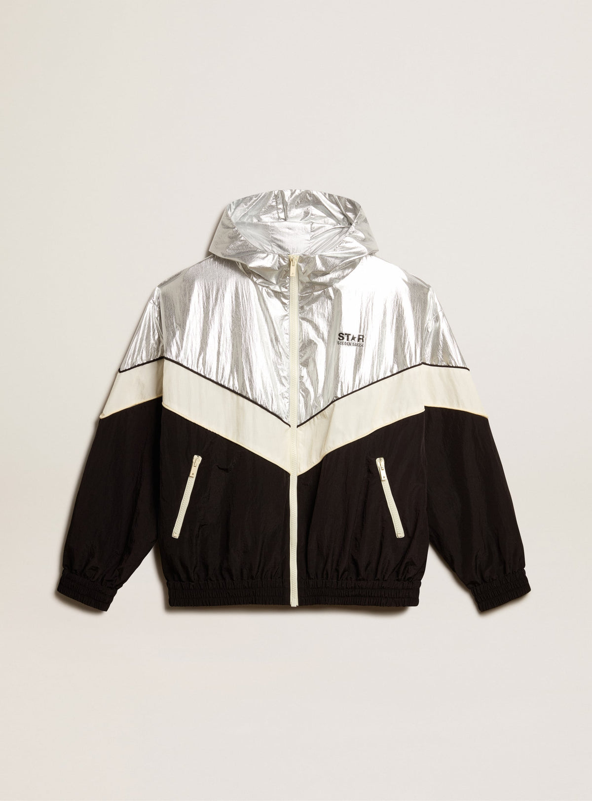 Men's windcheater in silver and black technical fabric| Golden Goose