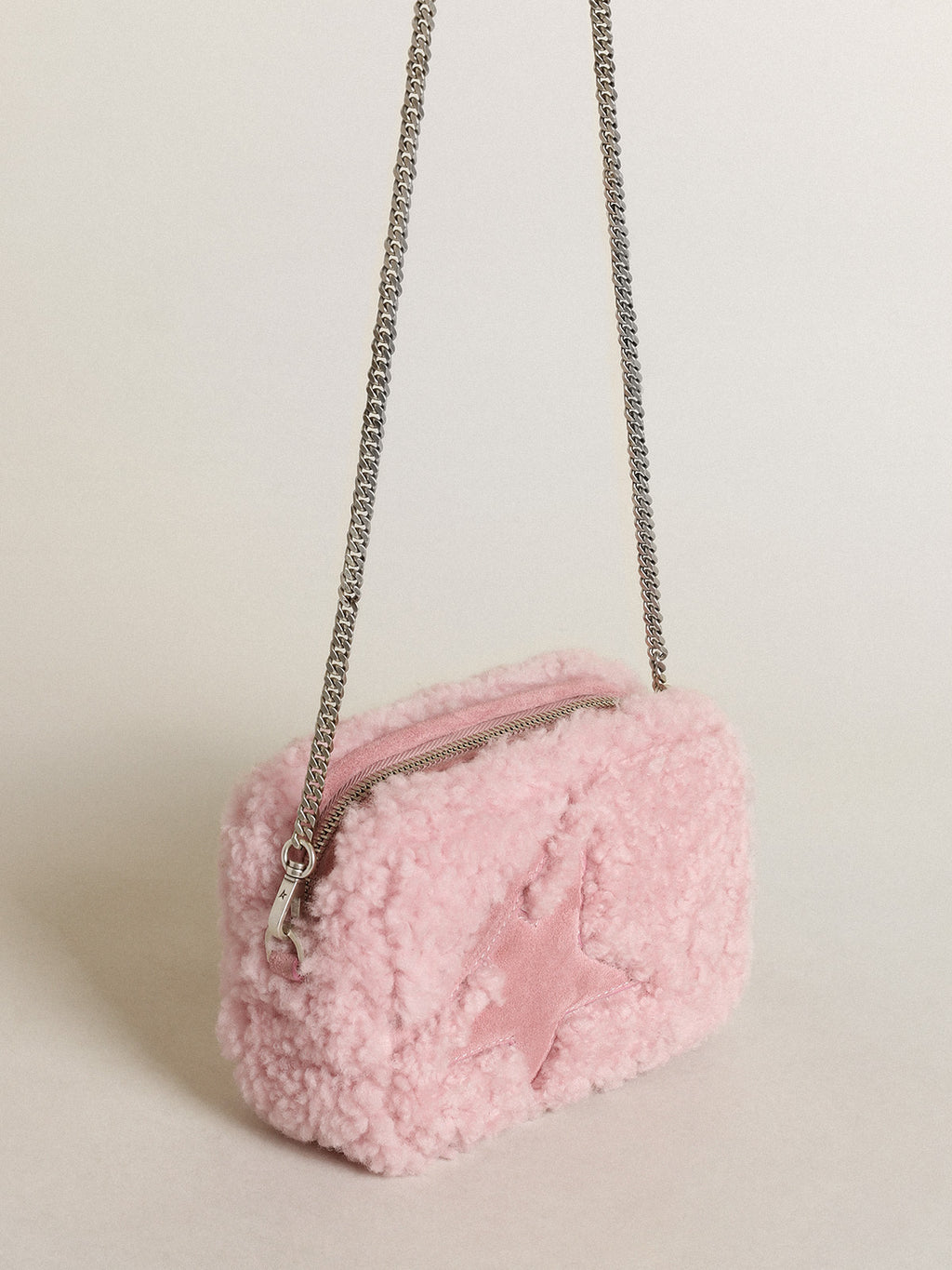 Women's Mini Star Bag in pink shearling with suede star| Golden Goose