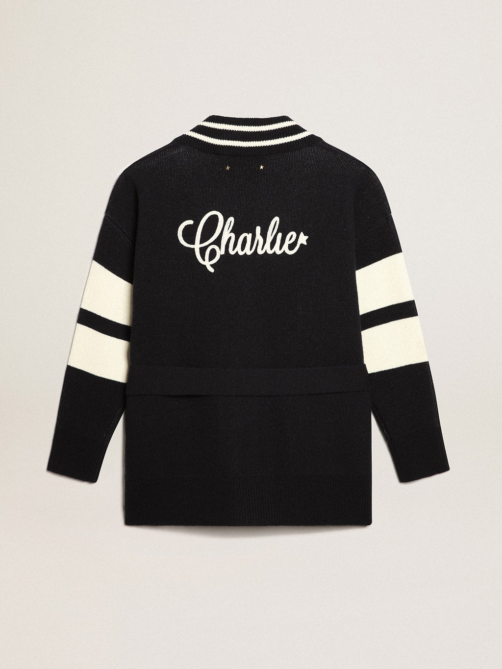 Women's blue cardigan with belt at the waist and lettering on the back| Golden Goose