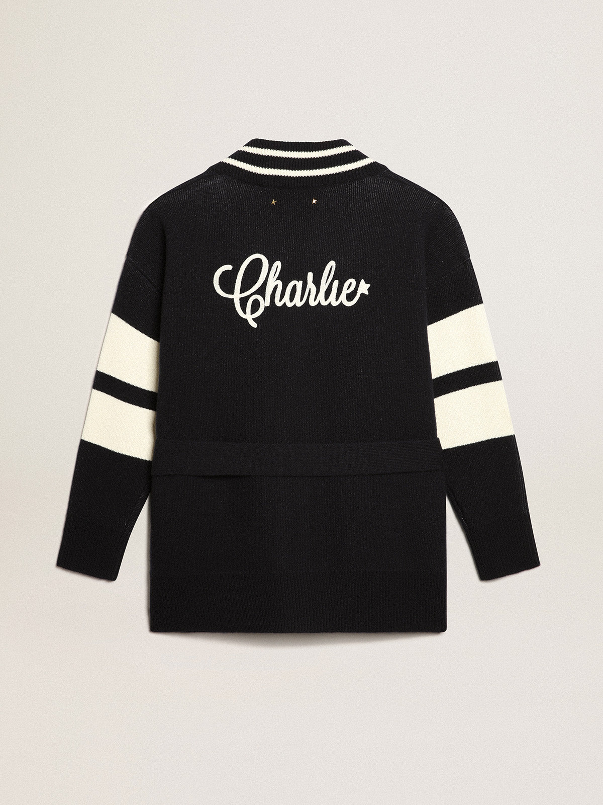 Women's blue cardigan with belt at the waist and lettering on the back| Golden Goose
