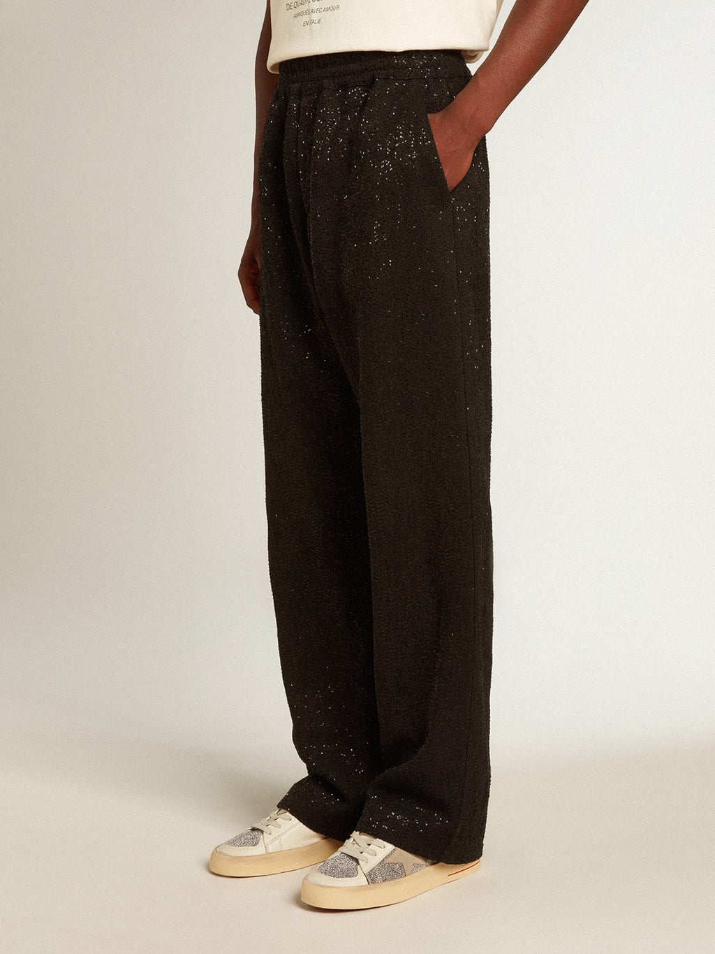 Men's black joggers in linen blend with sequins| Golden Goose
