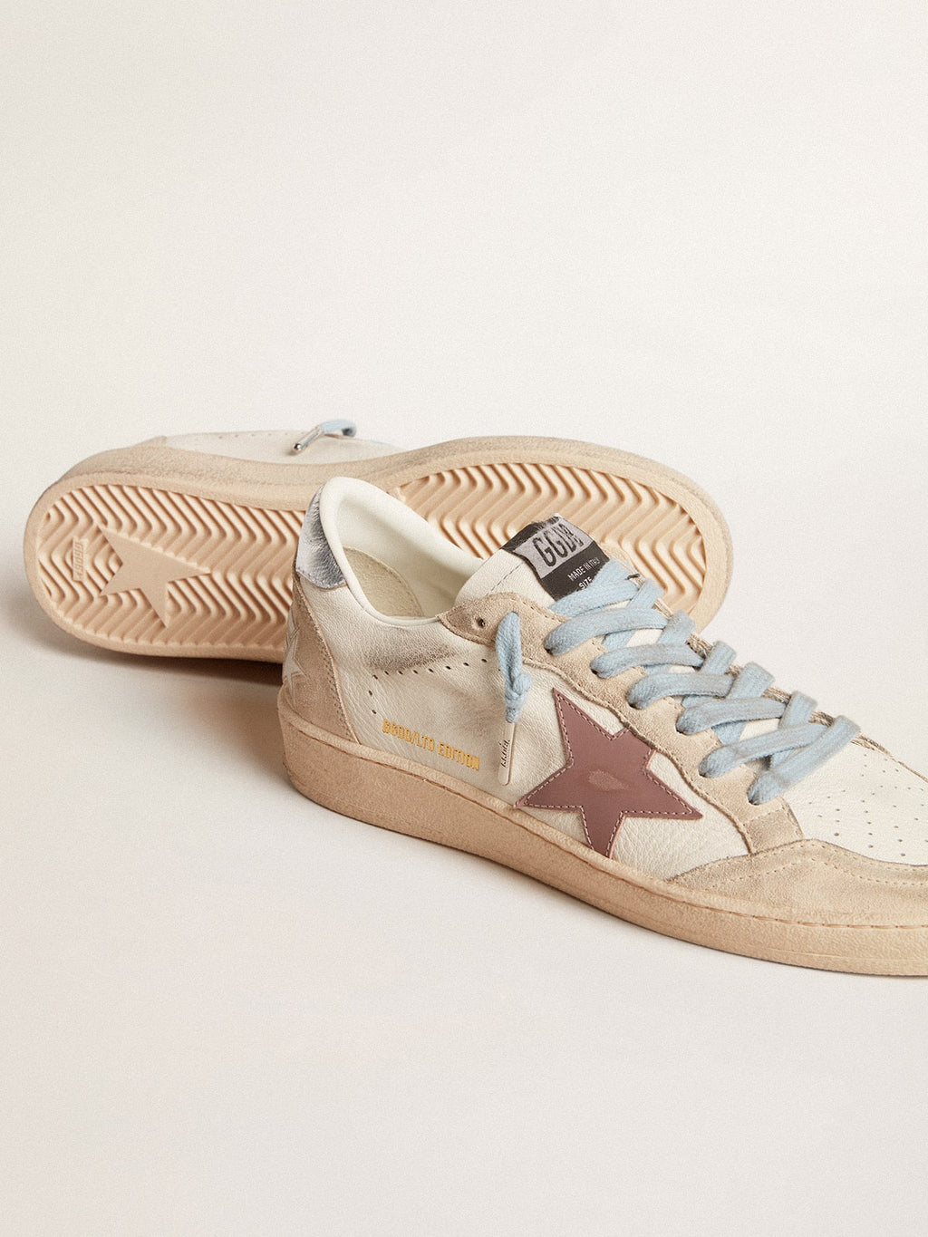 Women's Ball Star LTD in white nappa and pearl suede with mauve leather star| Golden Goose