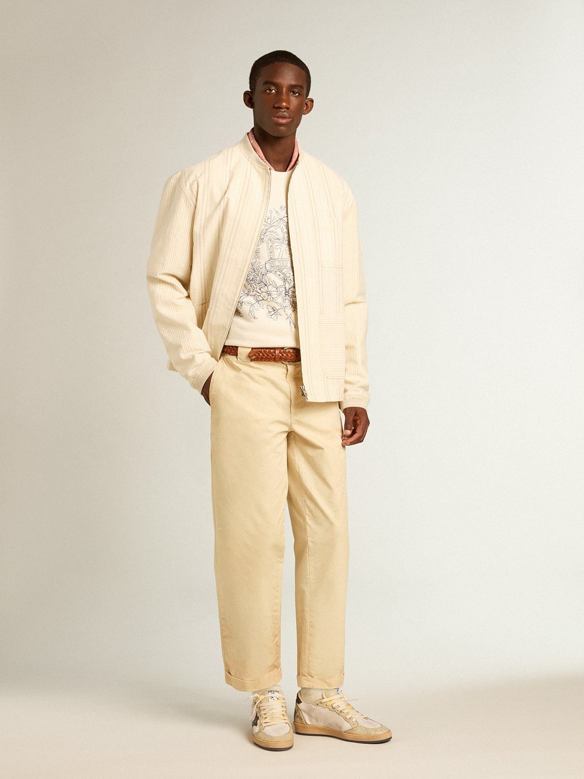 Ecru-colored cotton jacket with zip fastening