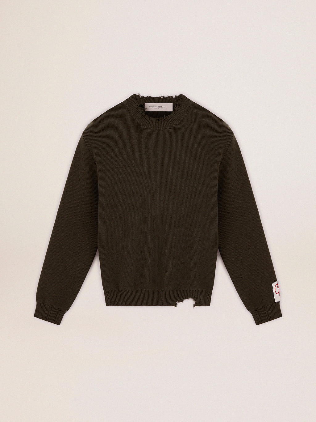 Men's round-neck sweater in military green cotton| Golden Goose