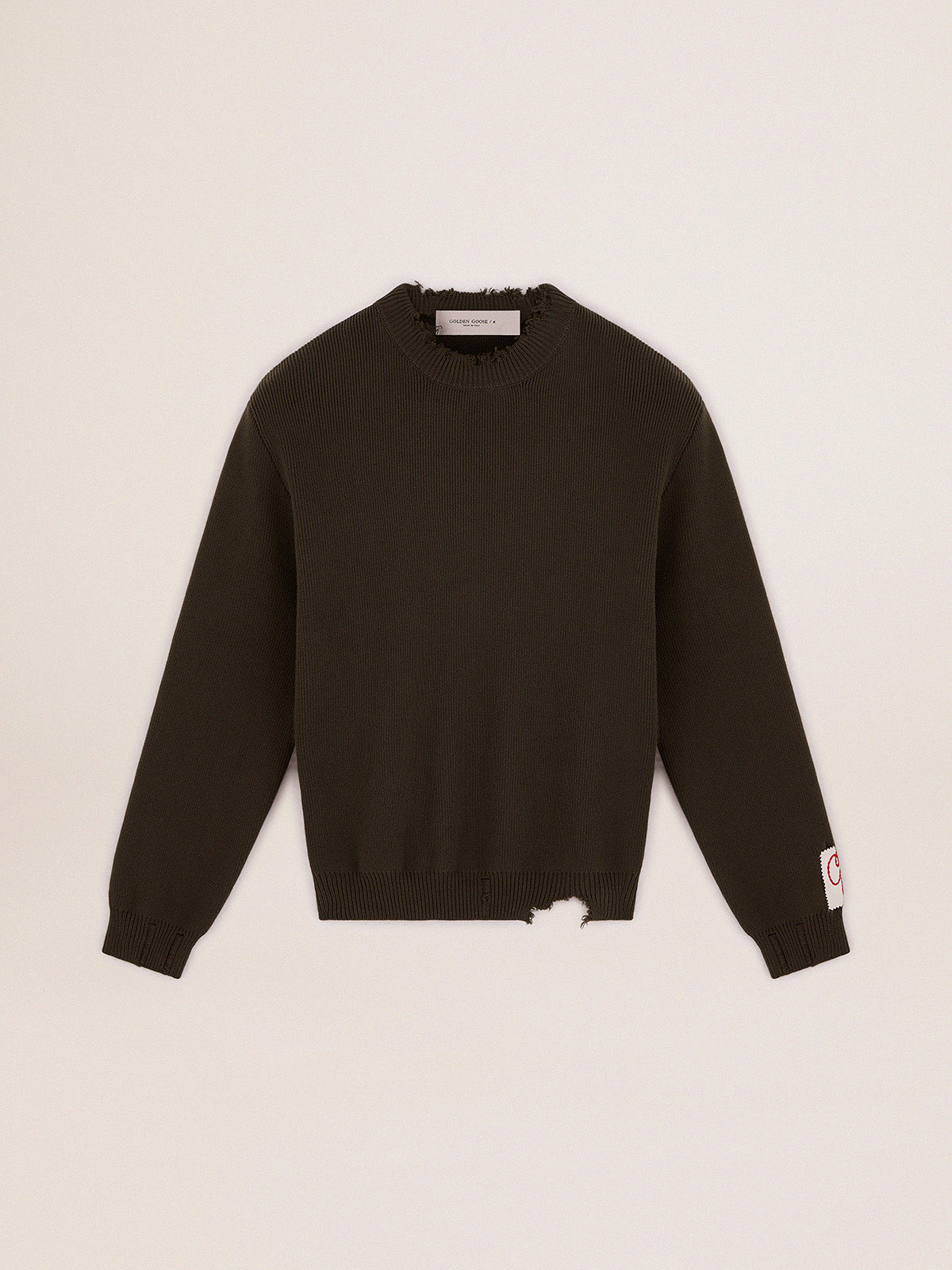 Men's round-neck sweater in military green cotton| Golden Goose