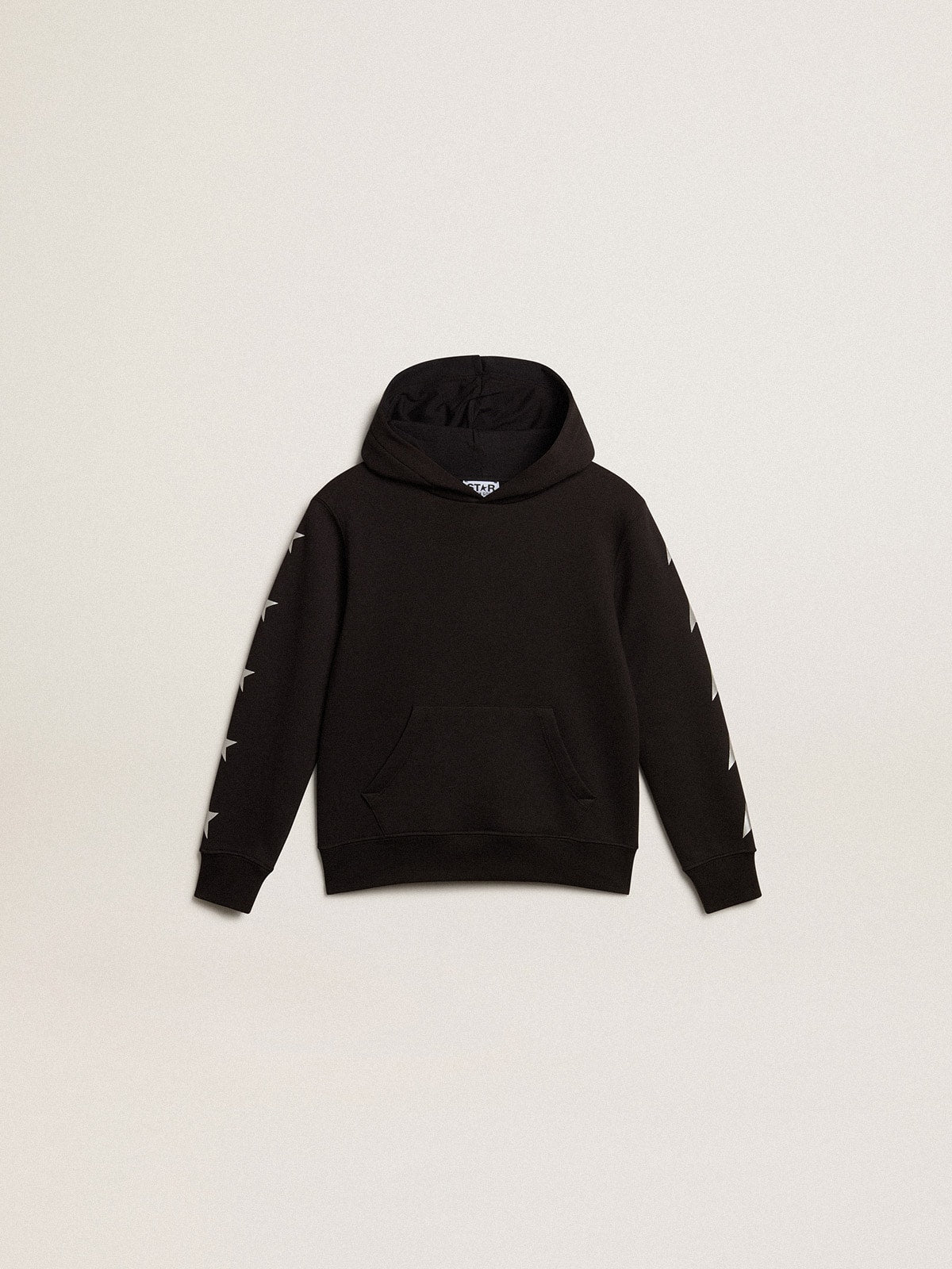 Boys' hooded sweatshirt in black with contrasting silver stars| Golden Goose