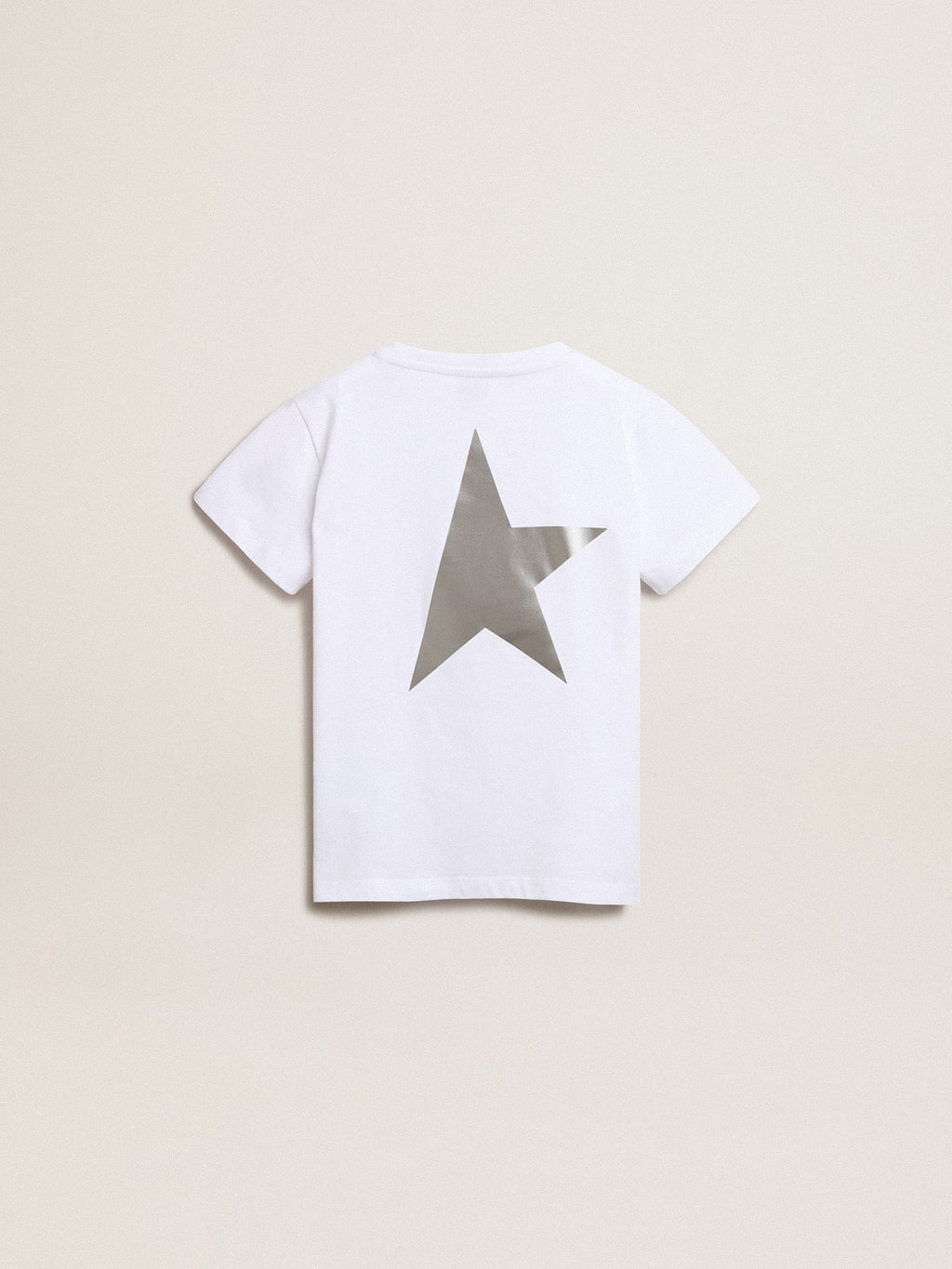 White T-shirt with contrasting silver logo on the front| Golden Goose