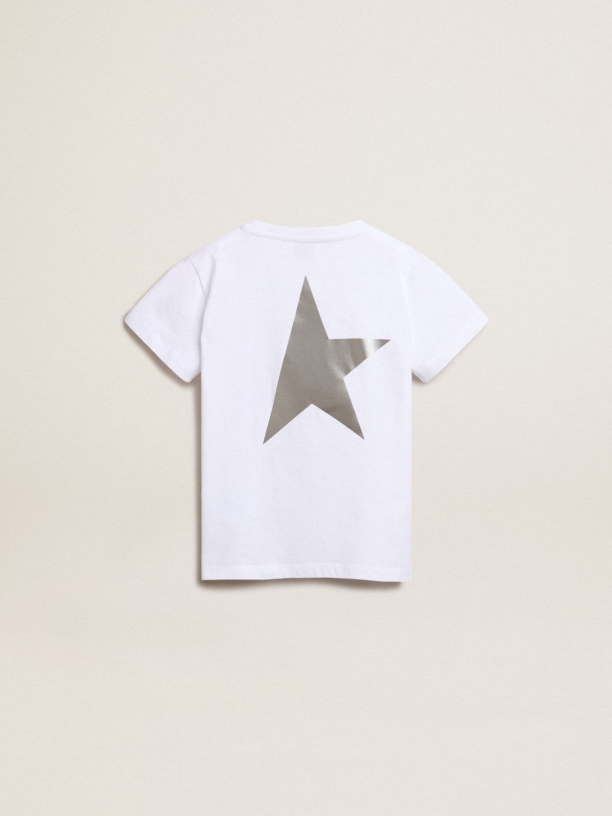 White T-shirt with contrasting silver logo on the front| Golden Goose