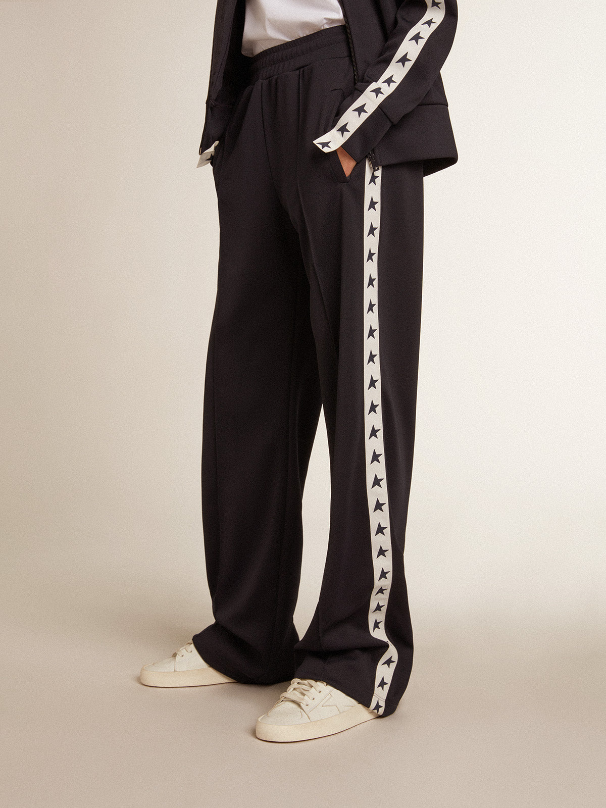 Dark blue joggers with white strip and contrasting stars| Golden Goose