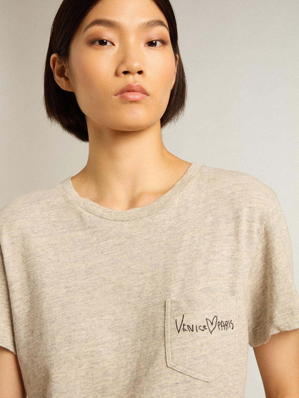 Women's gray melange cotton T-shirt with embroidered lettering| Golden Goose