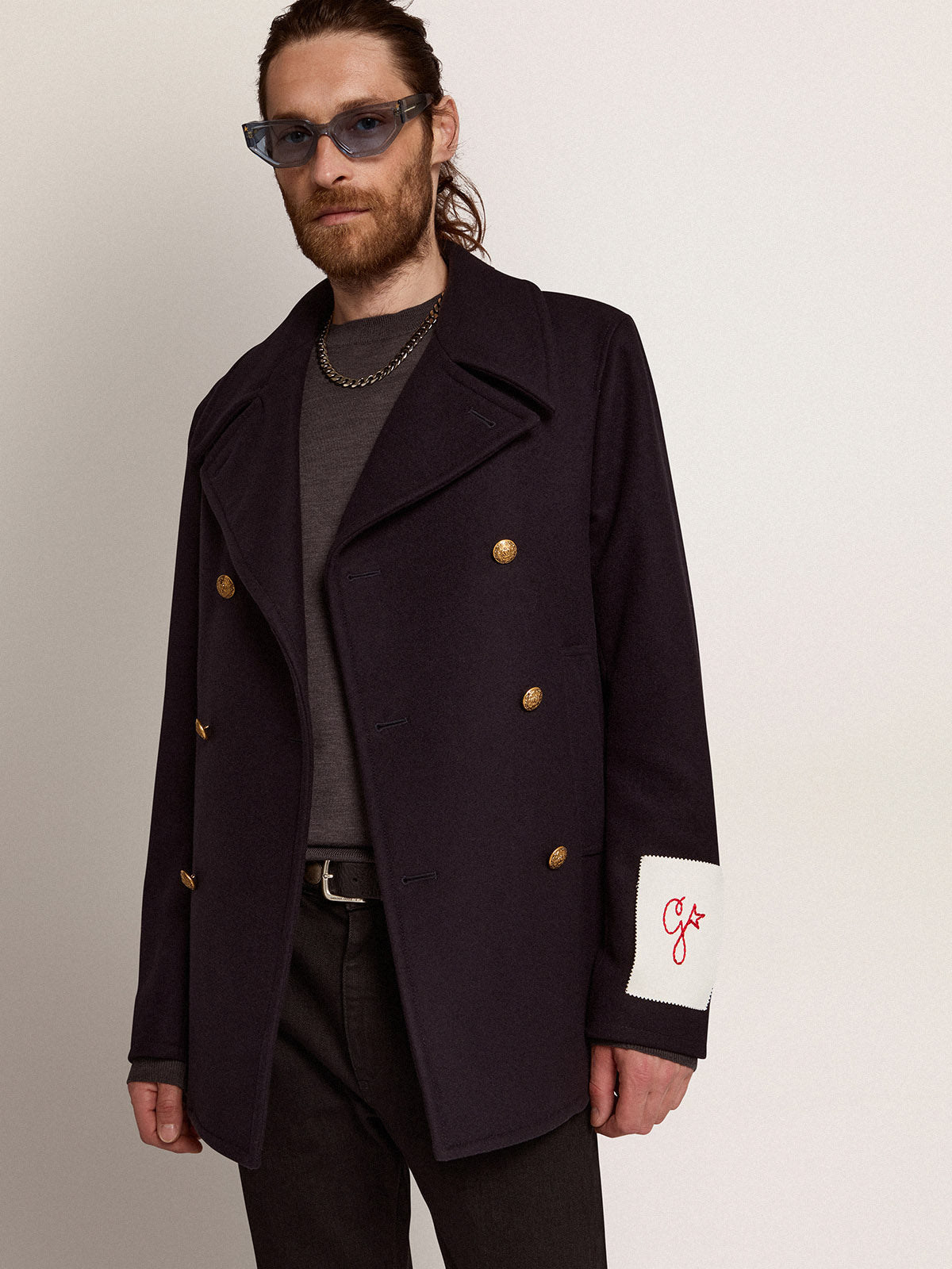 Men's double-breasted coat in dark blue wool with gold buttons| Golden Goose