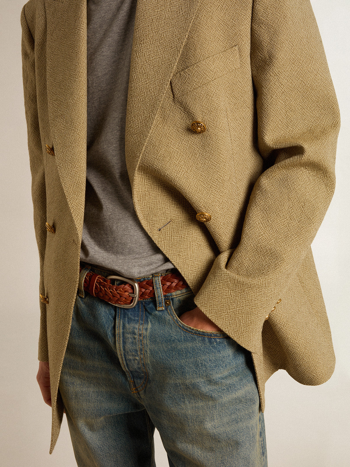 Men's pale beech-colored double-breasted blazer| Golden Goose