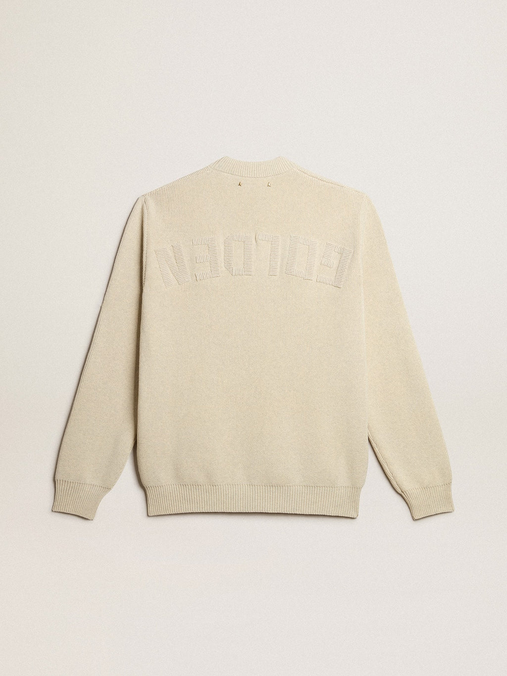 Men's round-neck sweater in panama-colored cotton with logo on the back