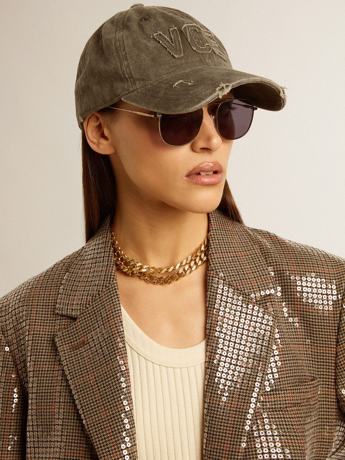 Olive-green cotton baseball cap with a lived-in finish| Golden Goose