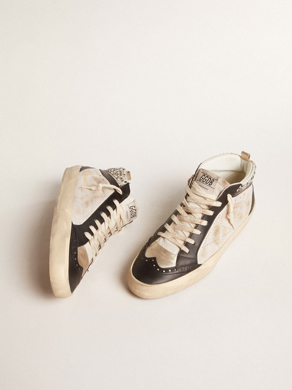 Men's Mid Star LTD in black and white leather with pearls and perforated star| Golden Goose