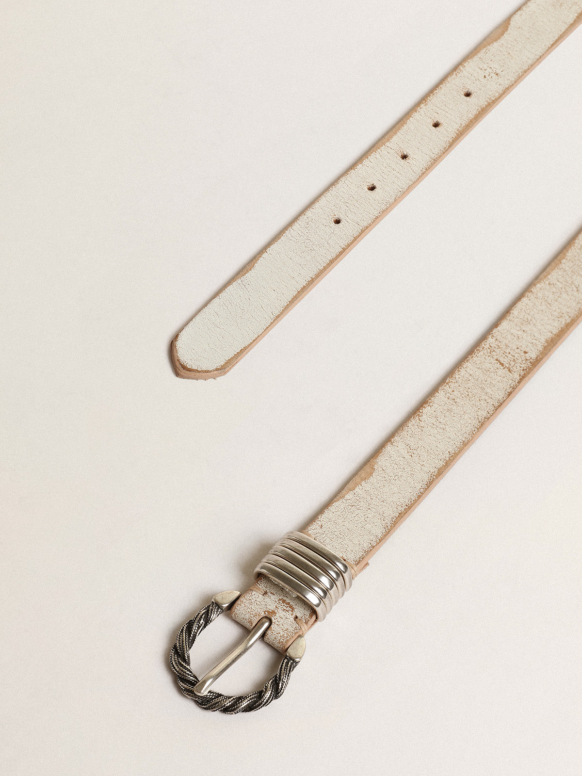 White and beige belt with silver colored braided buckle| Golden Goose