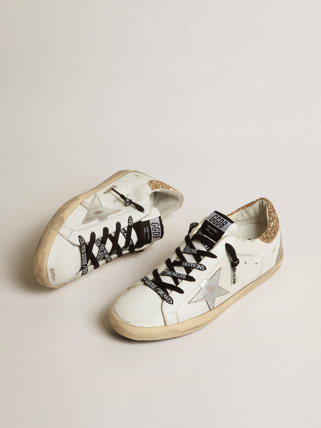 White leather Super-Star sneakers with glittery heel tab| Golden Goose