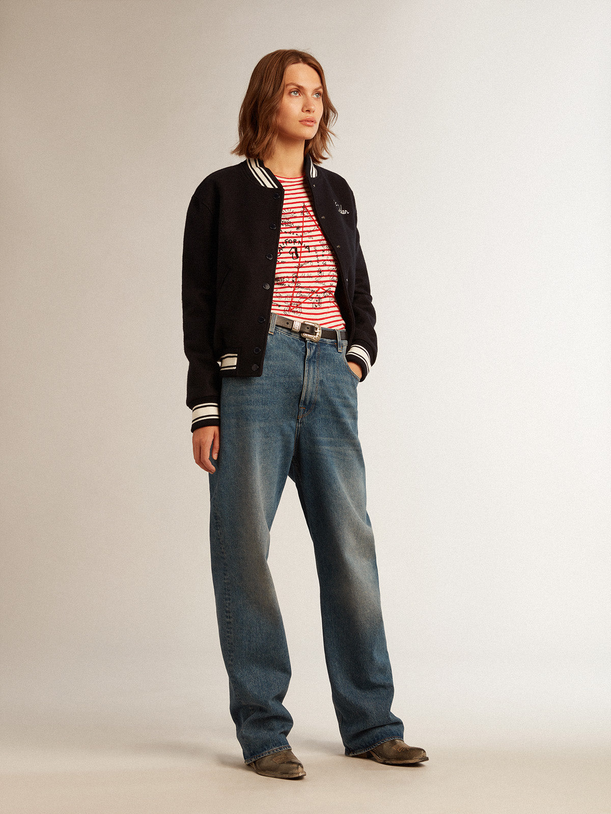 Women's T-shirt with white and red stripes and embroidery on the front| Golden Goose