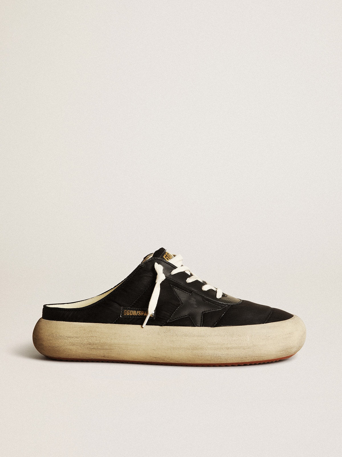Men's Space-Star Sabots in black nylon with black leather star| Golden Goose