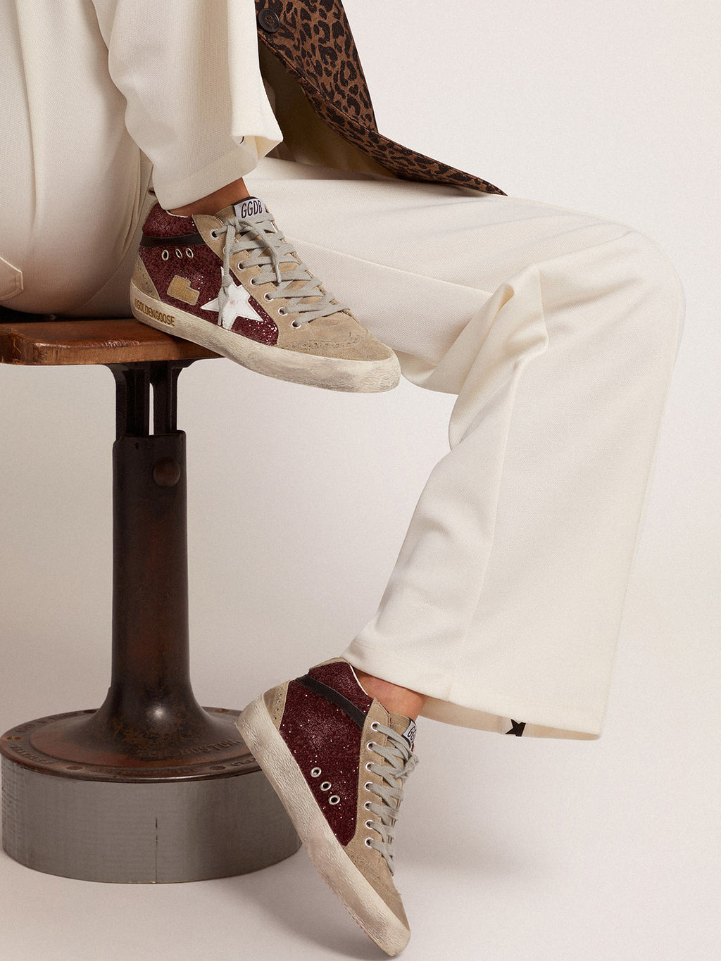 Women's Mid Star in burgundy glitter with gray inserts and white star| Golden Goose