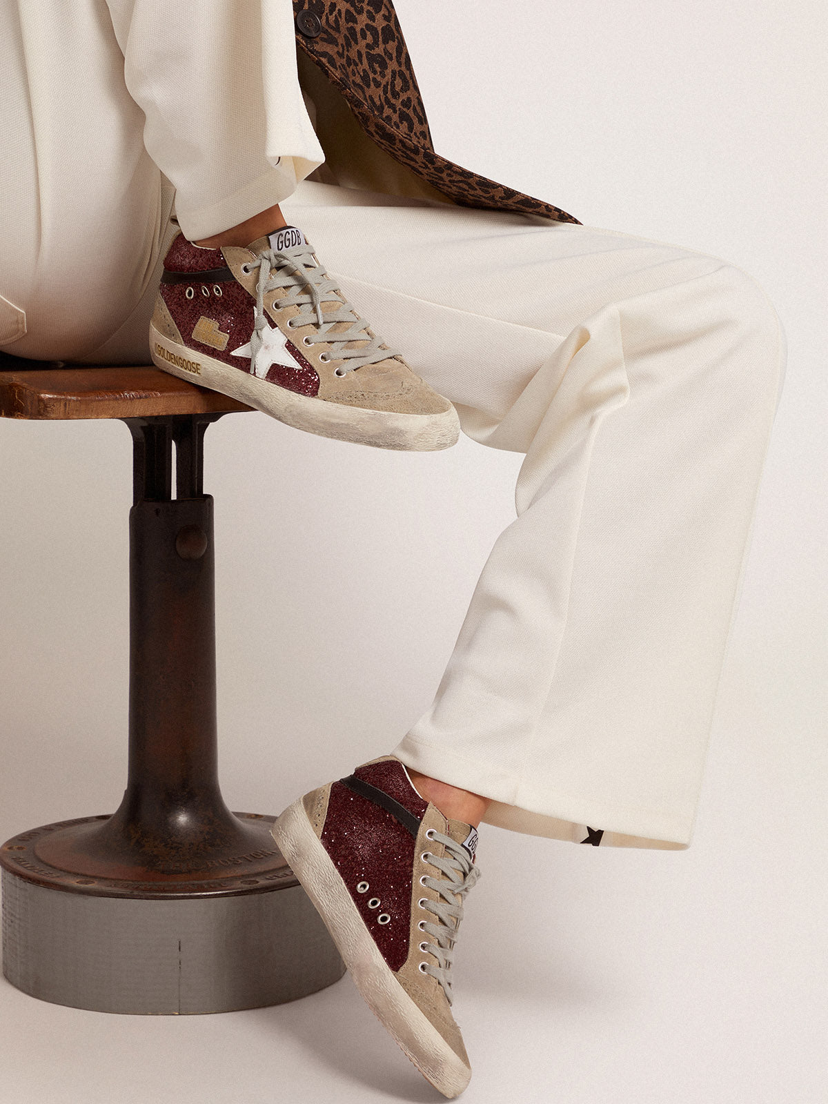 Women's Mid Star in burgundy glitter with gray inserts and white star| Golden Goose