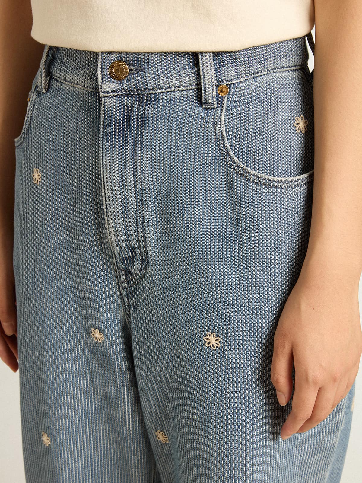 Women's cotton denim pants with floral embroidery| Golden Goose