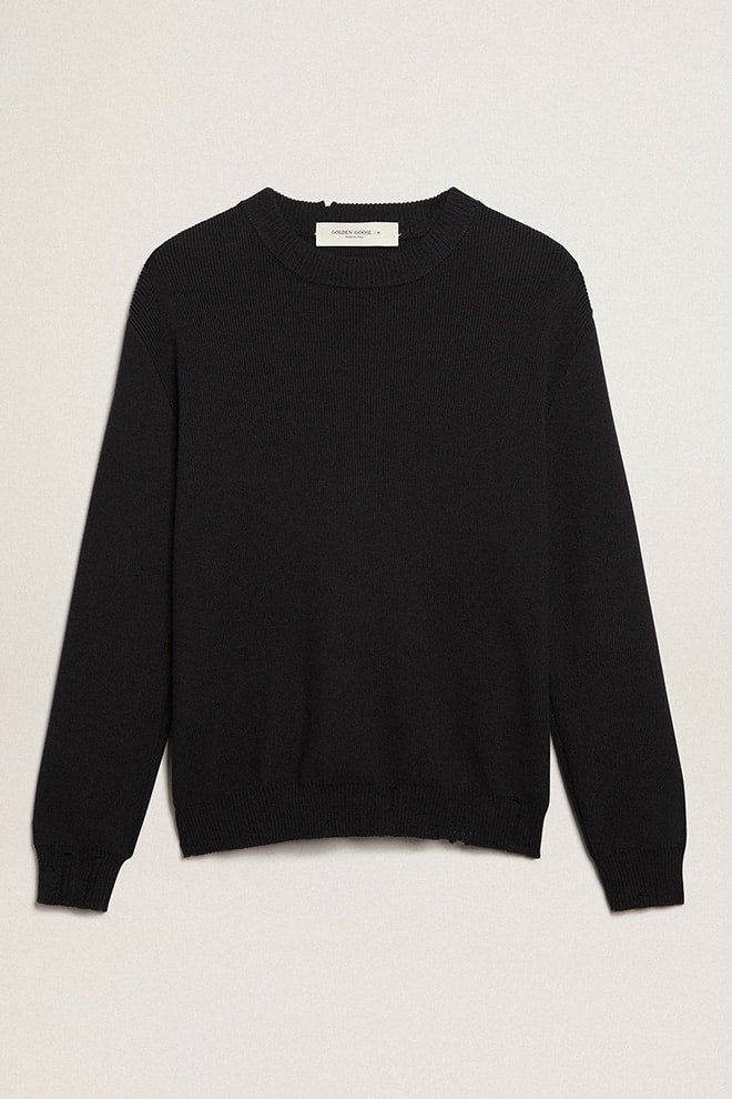 Men's round-neck sweater in dark blue cotton| Golden Goose