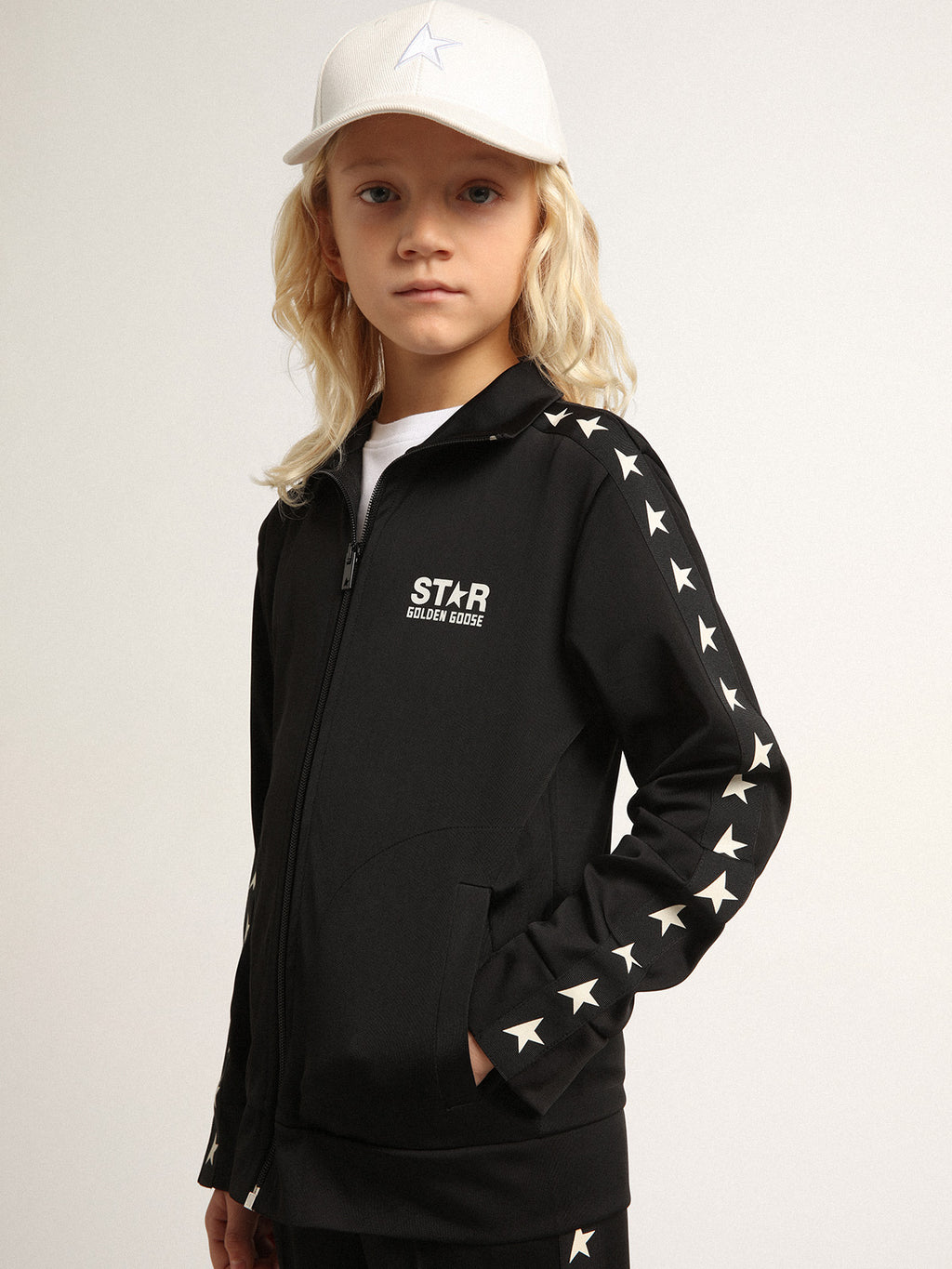 Black zipped sweatshirt with contrasting white stars| Golden Goose