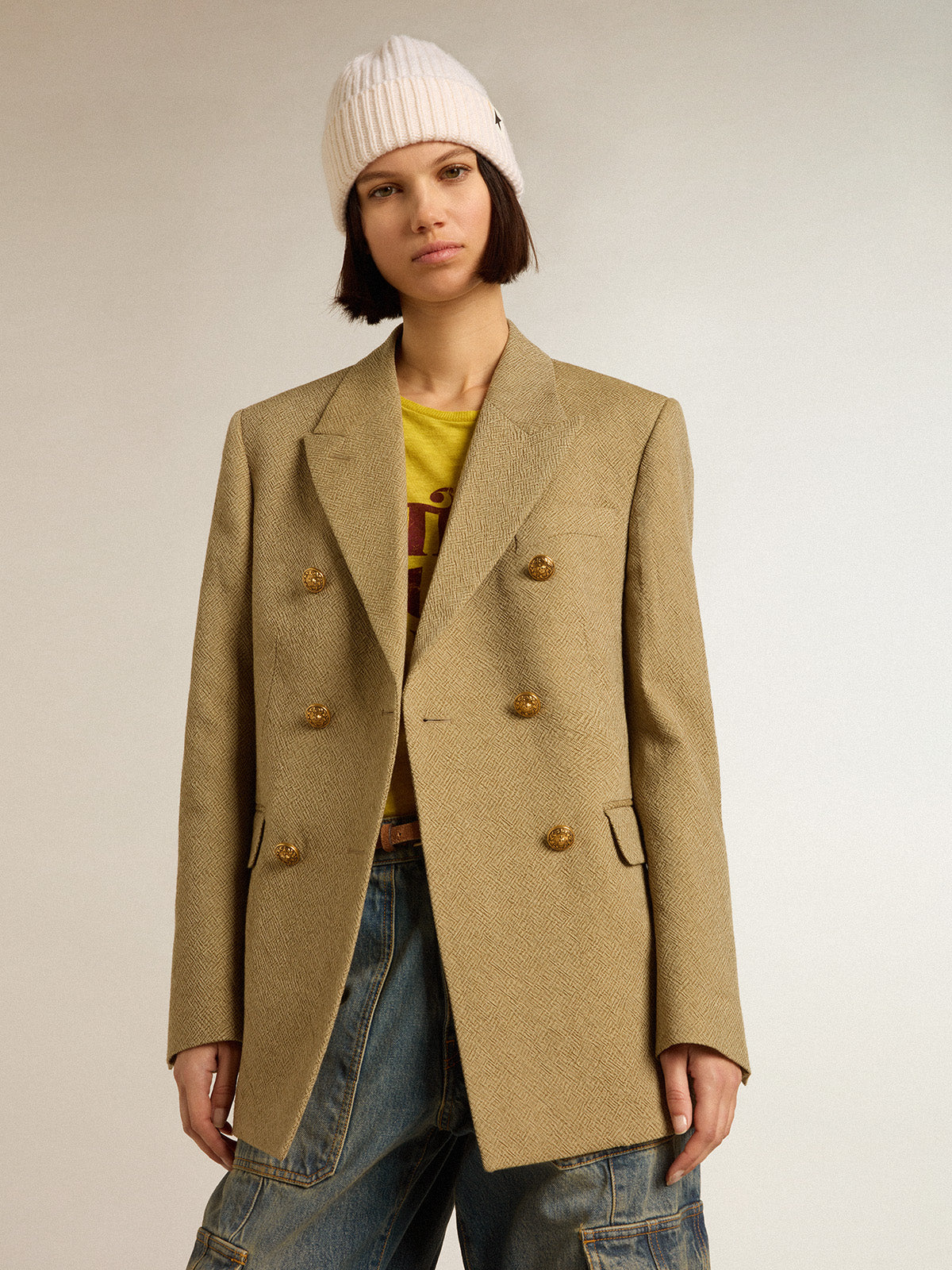 Women's pale beech-colored wool double-breasted blazer| Golden Goose