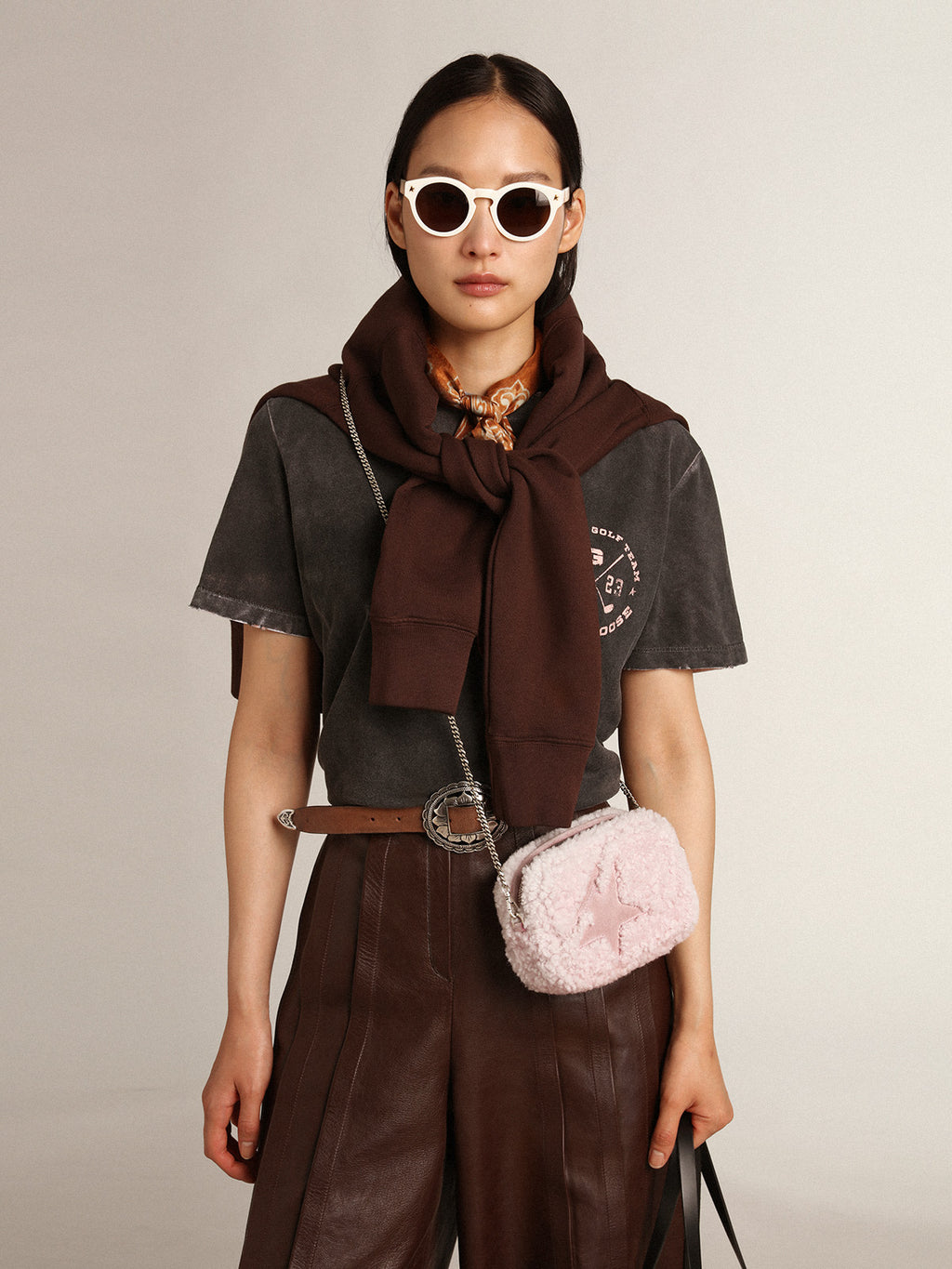 Women's Mini Star Bag in pink shearling with suede star| Golden Goose