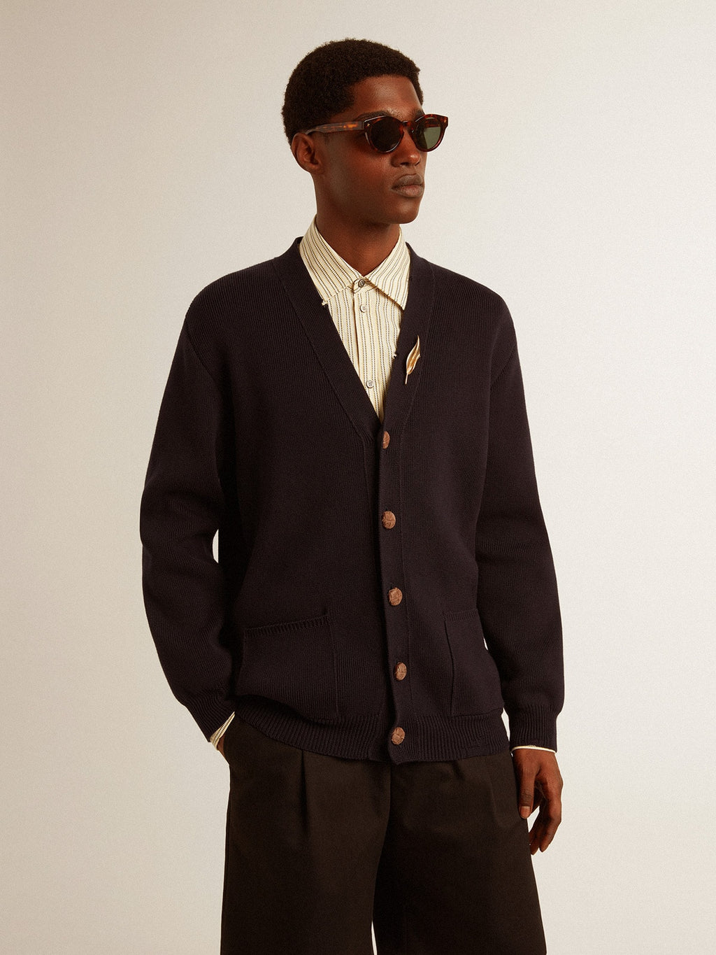 Golden Collection cardigan in dark blue cotton with a distressed finish| Golden Goose