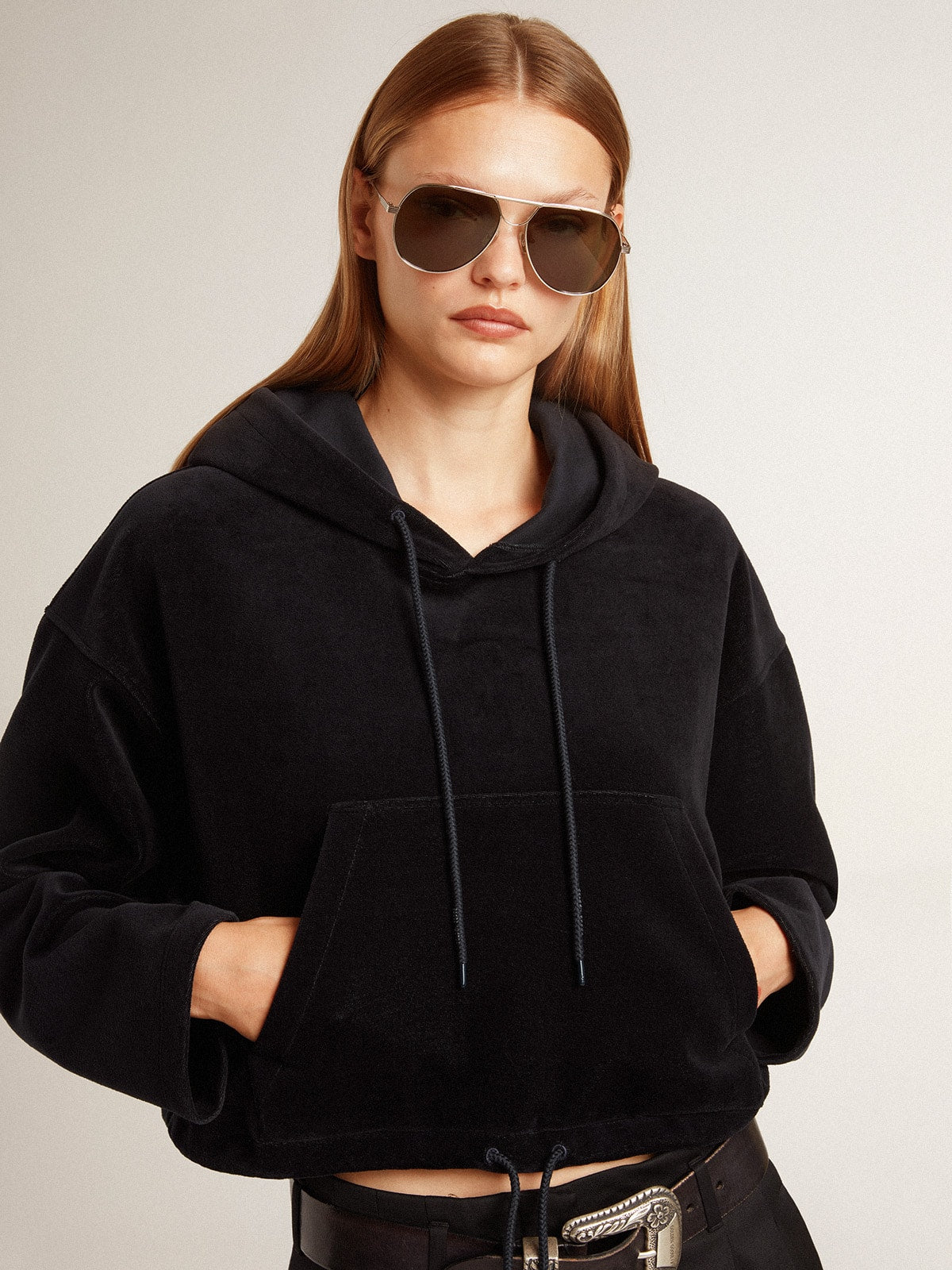 Women's black chenille sweatshirt with embroidery on the back| Golden Goose